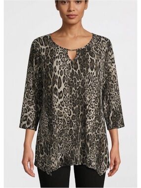 BRITTANY BLACK Leopard Print Sequin Tunic Top, Women’s 1X, Black Beige Brown